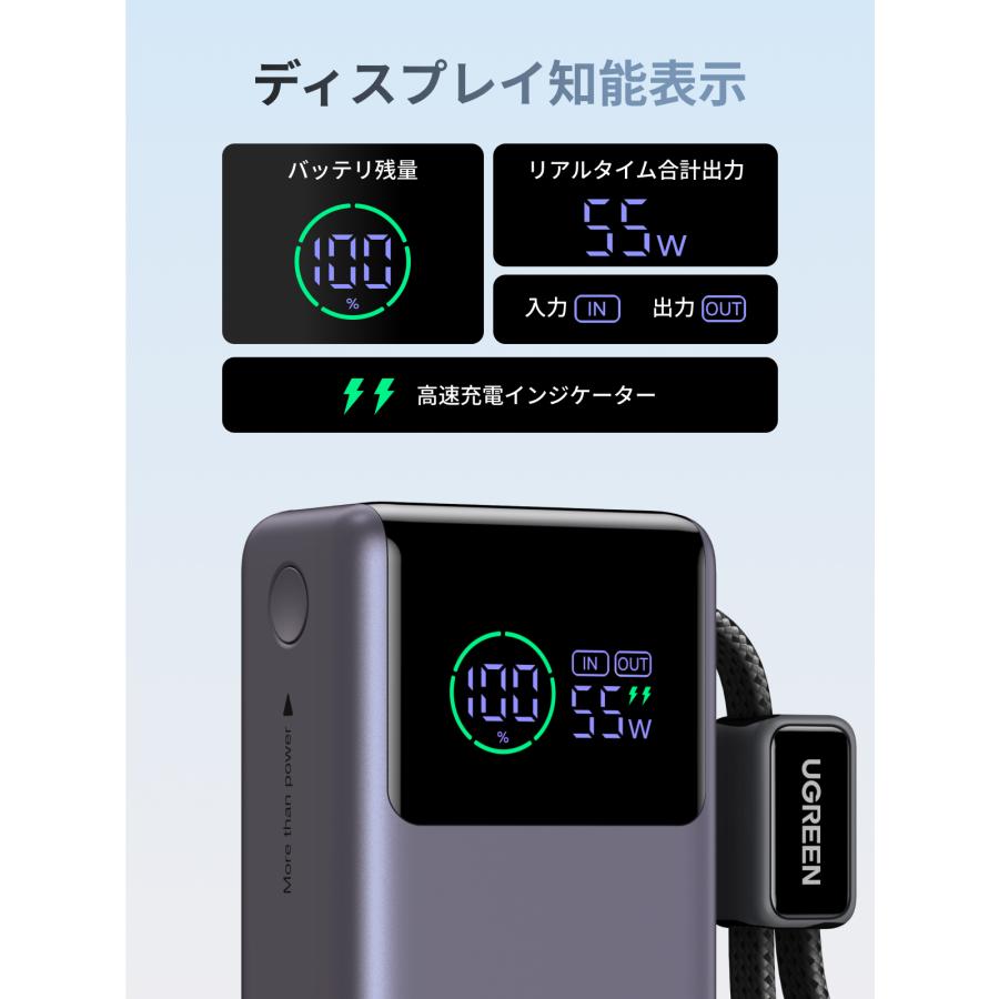 UGREEN モバイルバッテリー 10000mAh・PD45W ケーブル内蔵  リアルタイム出力表示 3台同時 スマホ ノートPC  タイプc  55W急速充電  PSE 爻光限定モデル | UGREEN | 07
