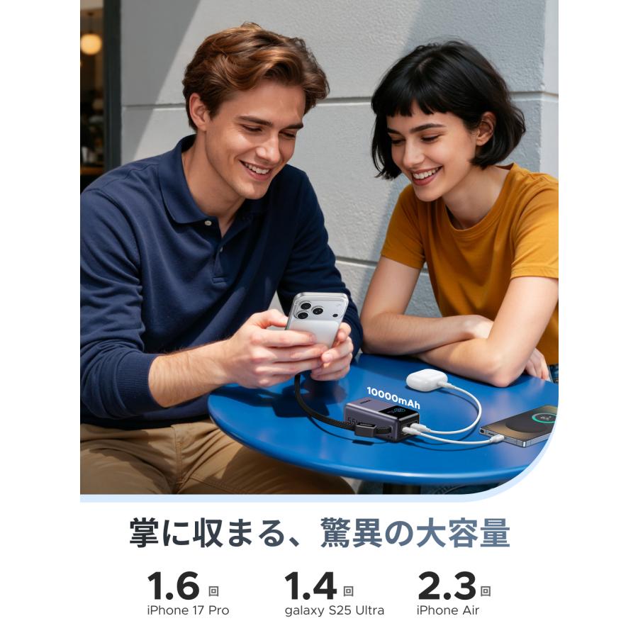 UGREEN モバイルバッテリー 10000mAh・PD45W ケーブル内蔵  リアルタイム出力表示 3台同時 スマホ ノートPC  タイプc  55W急速充電  PSE 爻光限定モデル | UGREEN | 10