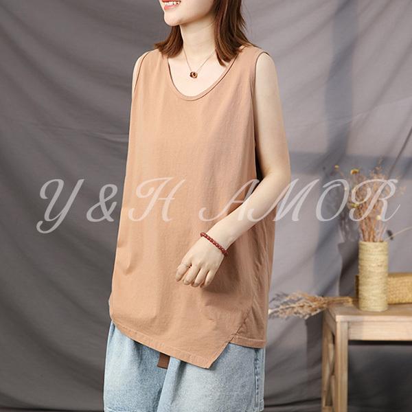 Tシャツ レディース 綿 夏秋 トップス ノースリーブ サイド