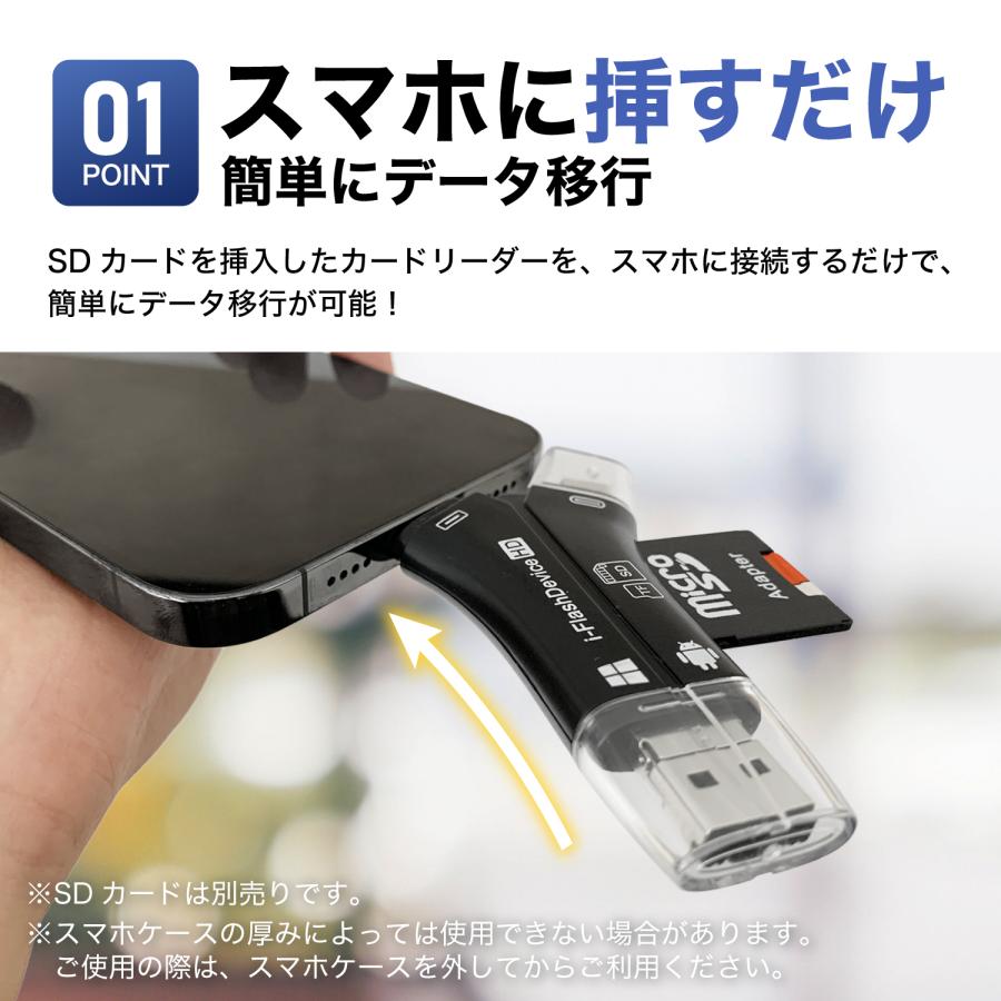 SDカードリーダー 128GB SDカードセット セット販売 iPhone Android スマホ データ転送 データバックアップ 4in1 USBメモリ 写真 保存 データ 日本語取説付｜yandk｜07