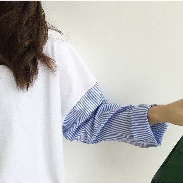 ゆるロングT チュニック レディース tシャツ Tシャツ ストライプ切り替え プルオーバー体型カバー ドッキング｜yang｜10