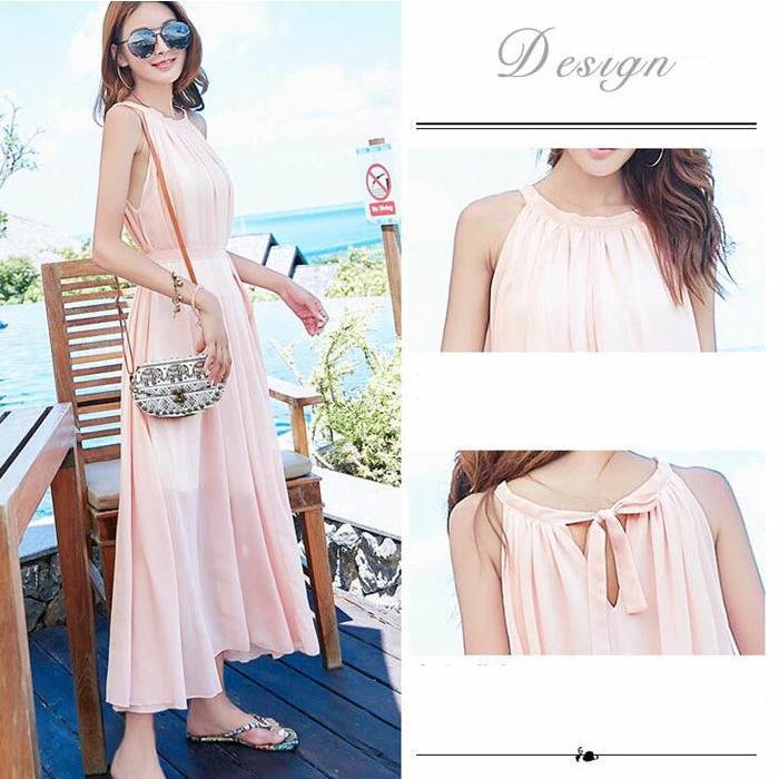 マキシ ワンピース シフォン ノースリーブ   マキシ丈 無地 切り替え 体型カバー ワンピース  リゾートワンピ レディース |  | 07