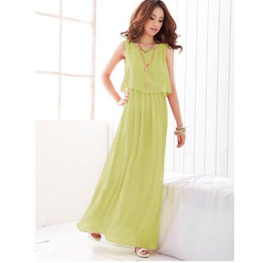 マキシ ワンピース シフォン ノースリーブ   マキシ丈 無地 切り替え 体型カバー ワンピース  リゾートワンピ レディース |  | 03