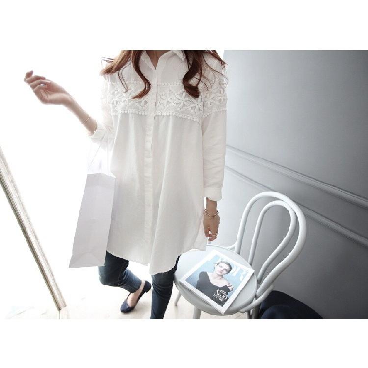 tシャツ Tシャツ シャツ ブラウス レディース チュニックシャツ ロングシャツ 花柄レース 無地 長袖 レース ロング丈 体型カバー |  | 04