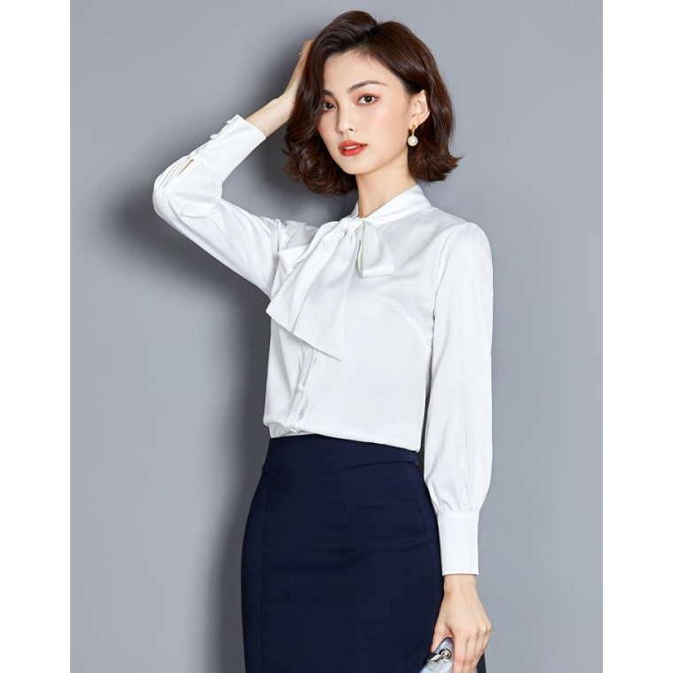 tシャツ Tシャツ シャツ ブラウス シフォン ボウタイ リボン 長袖 無地