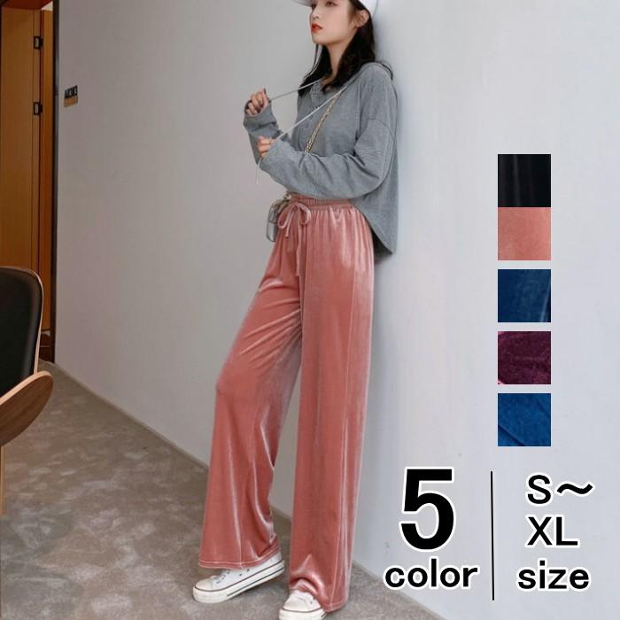 ボトムス ワイドパンツ ベロア パンツ ウエストゴム ルームパンツ ゆったり レディース  体型カバー | 