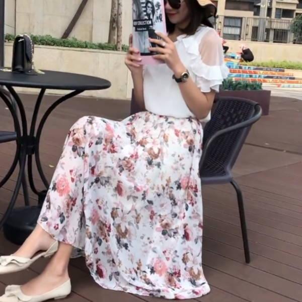 マキシスカート  フレアワンピース シフォン フラワー 花柄  マキシ丈 ロング丈スカート レディース |  | 07