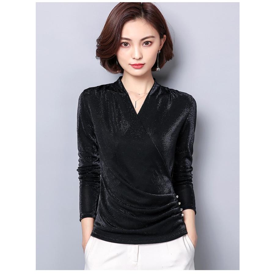 カットソー 裏起毛 厚手 Vネック カシュクール ドレープ ラメ 長袖 無地 トップス 2タイプ レディース |  | 01