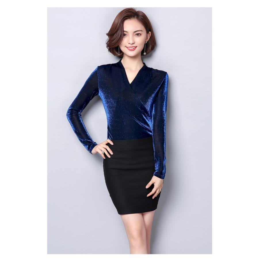 カットソー 裏起毛 厚手 Vネック カシュクール ドレープ ラメ 長袖 無地 トップス 2タイプ レディース |  | 10