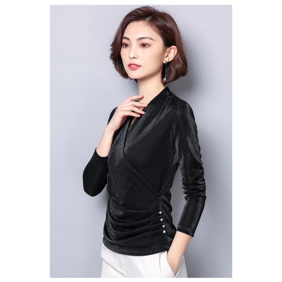 カットソー 裏起毛 厚手 Vネック カシュクール ドレープ ラメ 長袖 無地 トップス 2タイプ レディース |  | 03