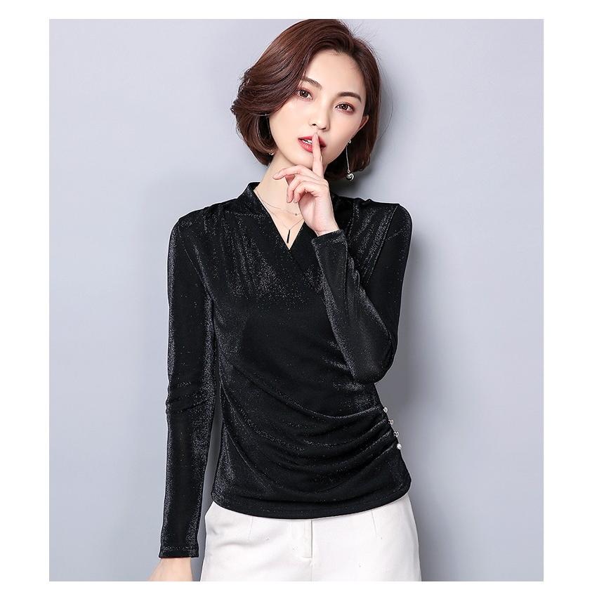 カットソー 裏起毛 厚手 Vネック カシュクール ドレープ ラメ 長袖 無地 トップス 2タイプ レディース |  | 04