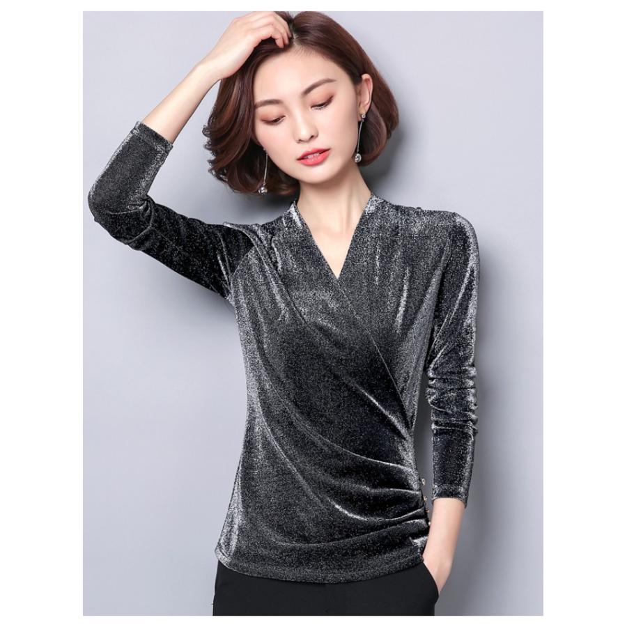 カットソー 裏起毛 厚手 Vネック カシュクール ドレープ ラメ 長袖 無地 トップス 2タイプ レディース |  | 05