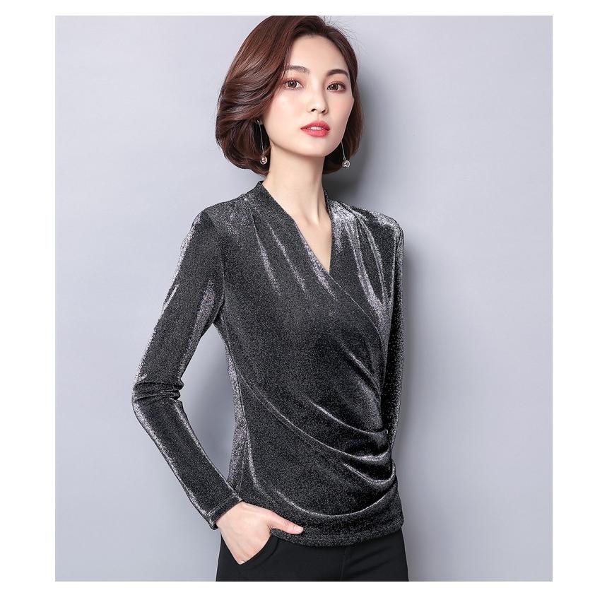 カットソー 裏起毛 厚手 Vネック カシュクール ドレープ ラメ 長袖 無地 トップス 2タイプ レディース |  | 07