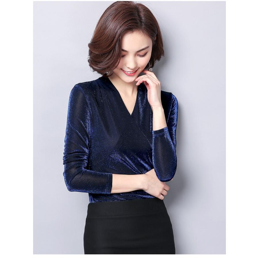 カットソー 裏起毛 厚手 Vネック カシュクール ドレープ ラメ 長袖 無地 トップス 2タイプ レディース |  | 08