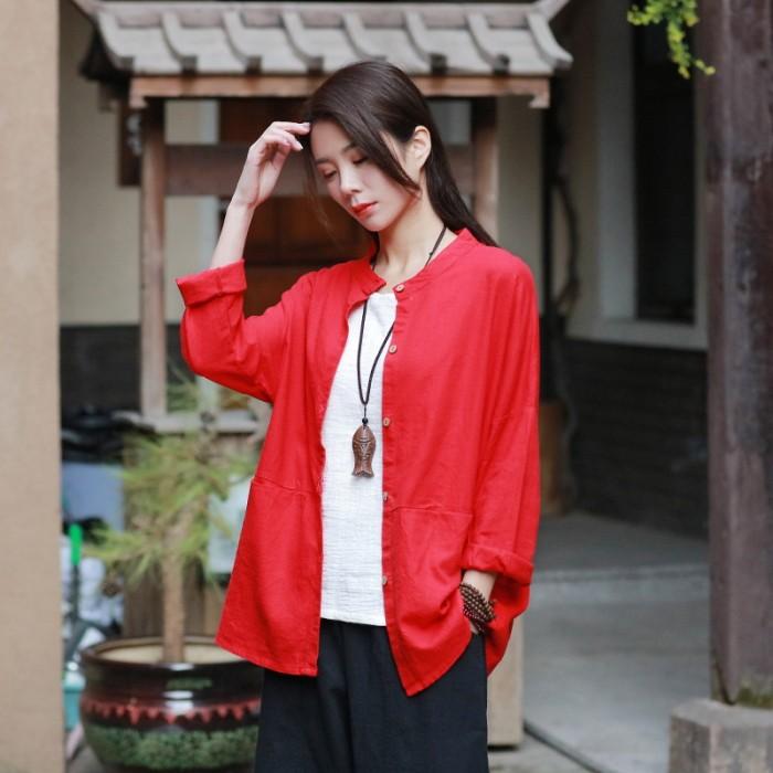 カーディガン リネン調 綿麻 ミディアム丈 長袖 無地 シャツ ブラウス ノーカラー 丸首 羽織りおうちコーデ (アパレル) |  | 01