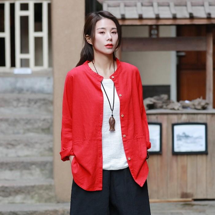 カーディガン リネン調 綿麻 ミディアム丈 長袖 無地 シャツ ブラウス ノーカラー 丸首 羽織りおうちコーデ (アパレル) |  | 02