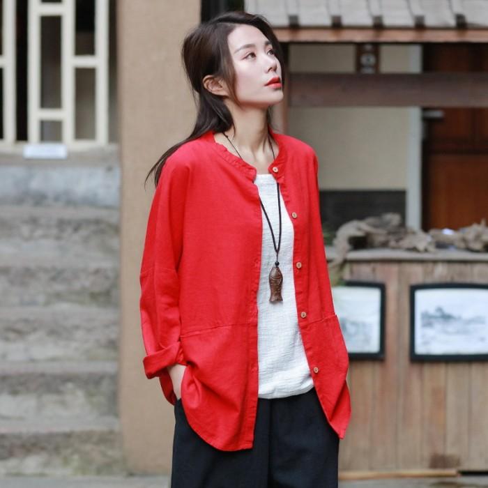 カーディガン リネン調 綿麻 ミディアム丈 長袖 無地 シャツ ブラウス ノーカラー 丸首 羽織りおうちコーデ (アパレル) |  | 03