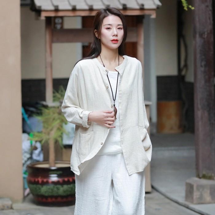 カーディガン リネン調 綿麻 ミディアム丈 長袖 無地 シャツ ブラウス ノーカラー 丸首 羽織りおうちコーデ (アパレル) |  | 05