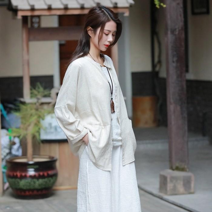 カーディガン リネン調 綿麻 ミディアム丈 長袖 無地 シャツ ブラウス ノーカラー 丸首 羽織りおうちコーデ (アパレル) |  | 06