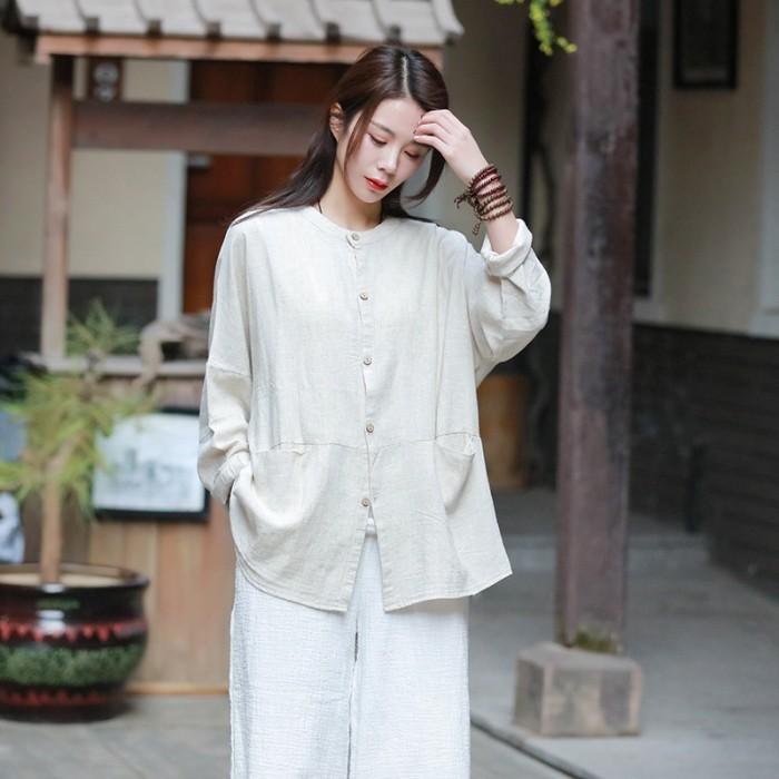 カーディガン リネン調 綿麻 ミディアム丈 長袖 無地 シャツ ブラウス ノーカラー 丸首 羽織りおうちコーデ (アパレル) |  | 08