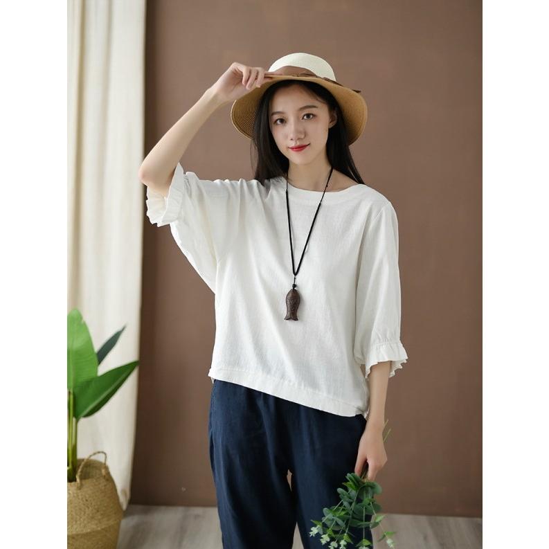 Tシャツ レディース リネン調 トップス 半袖 無地 シャツ フリル袖 クルーネック カットソー オーバーサイズ |  | 01