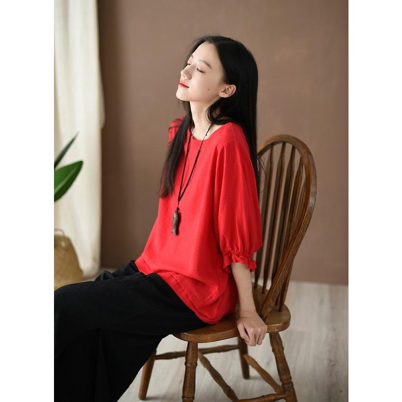 Tシャツ レディース リネン調 トップス 半袖 無地 シャツ フリル袖 クルーネック カットソー オーバーサイズ |  | 10