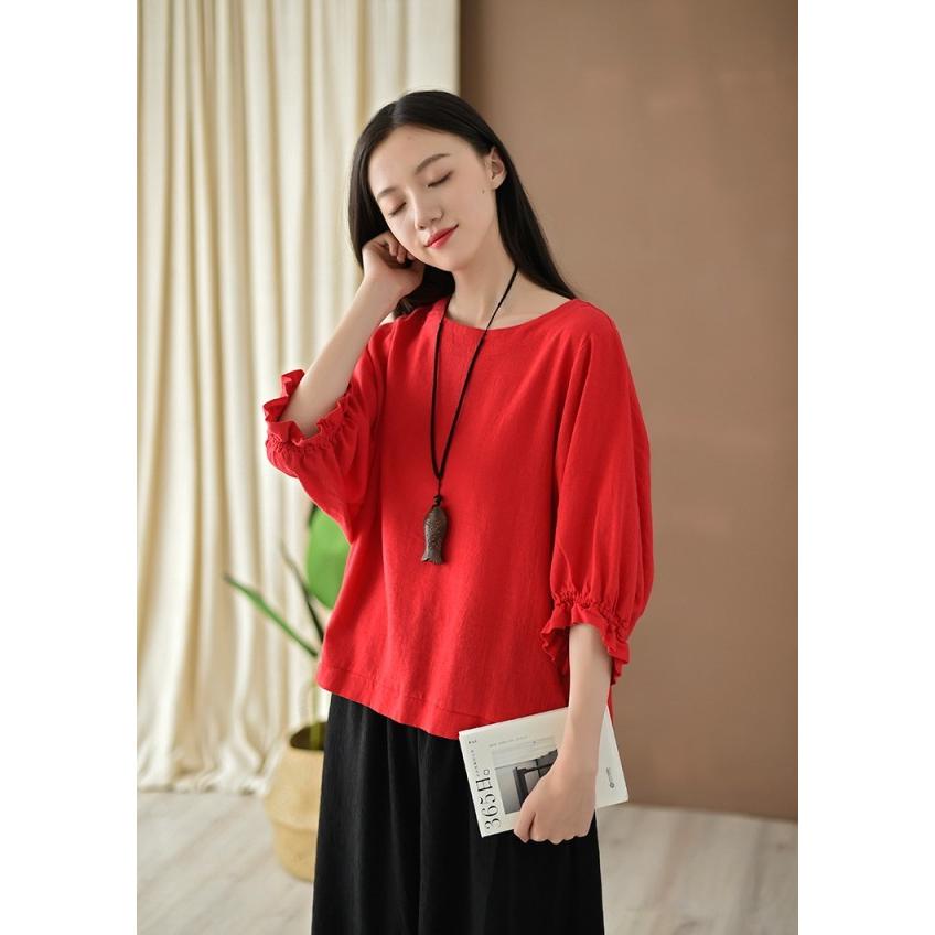 Tシャツ レディース リネン調 トップス 半袖 無地 シャツ フリル袖 クルーネック カットソー オーバーサイズ |  | 11