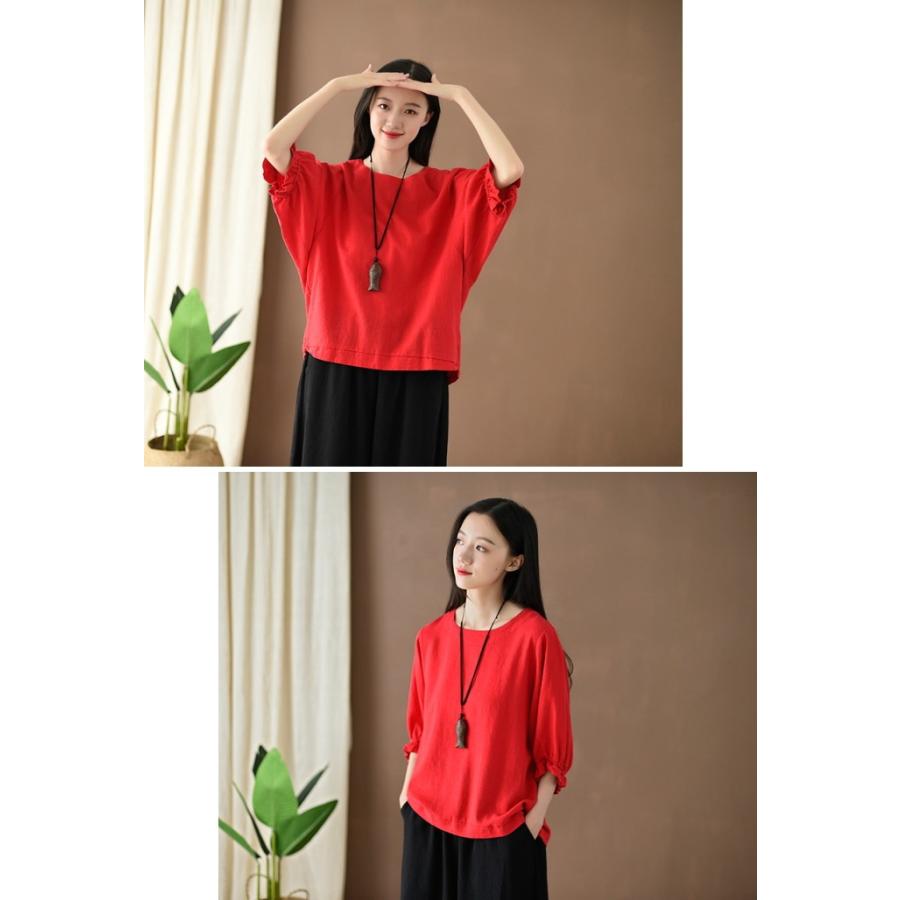 Tシャツ レディース リネン調 トップス 半袖 無地 シャツ フリル袖 クルーネック カットソー オーバーサイズ |  | 12