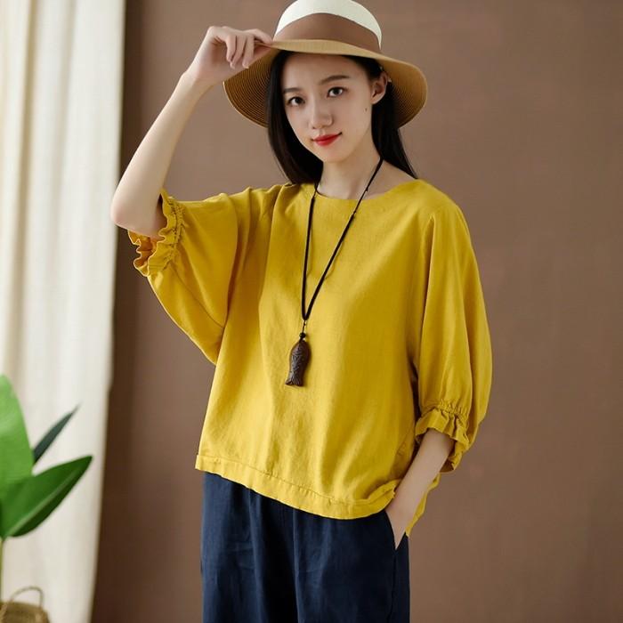 Tシャツ レディース リネン調 トップス 半袖 無地 シャツ フリル袖 クルーネック カットソー オーバーサイズ |  | 13