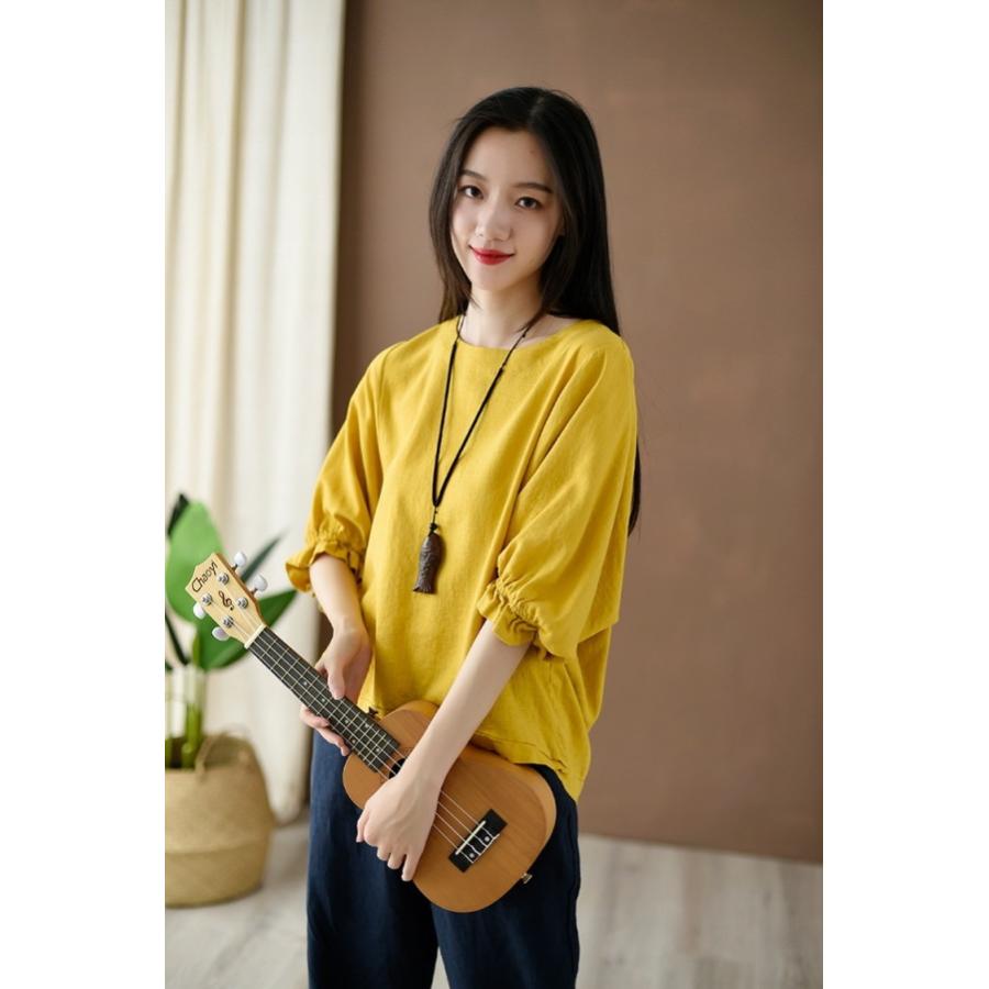 Tシャツ レディース リネン調 トップス 半袖 無地 シャツ フリル袖 クルーネック カットソー オーバーサイズ |  | 14