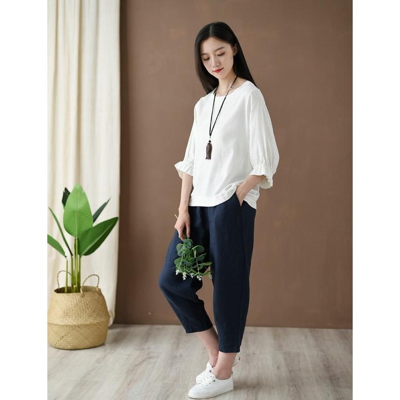 Tシャツ レディース リネン調 トップス 半袖 無地 シャツ フリル袖 クルーネック カットソー オーバーサイズ |  | 04