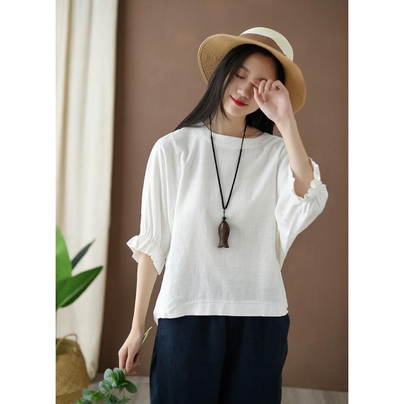 Tシャツ レディース リネン調 トップス 半袖 無地 シャツ フリル袖 クルーネック カットソー オーバーサイズ |  | 05