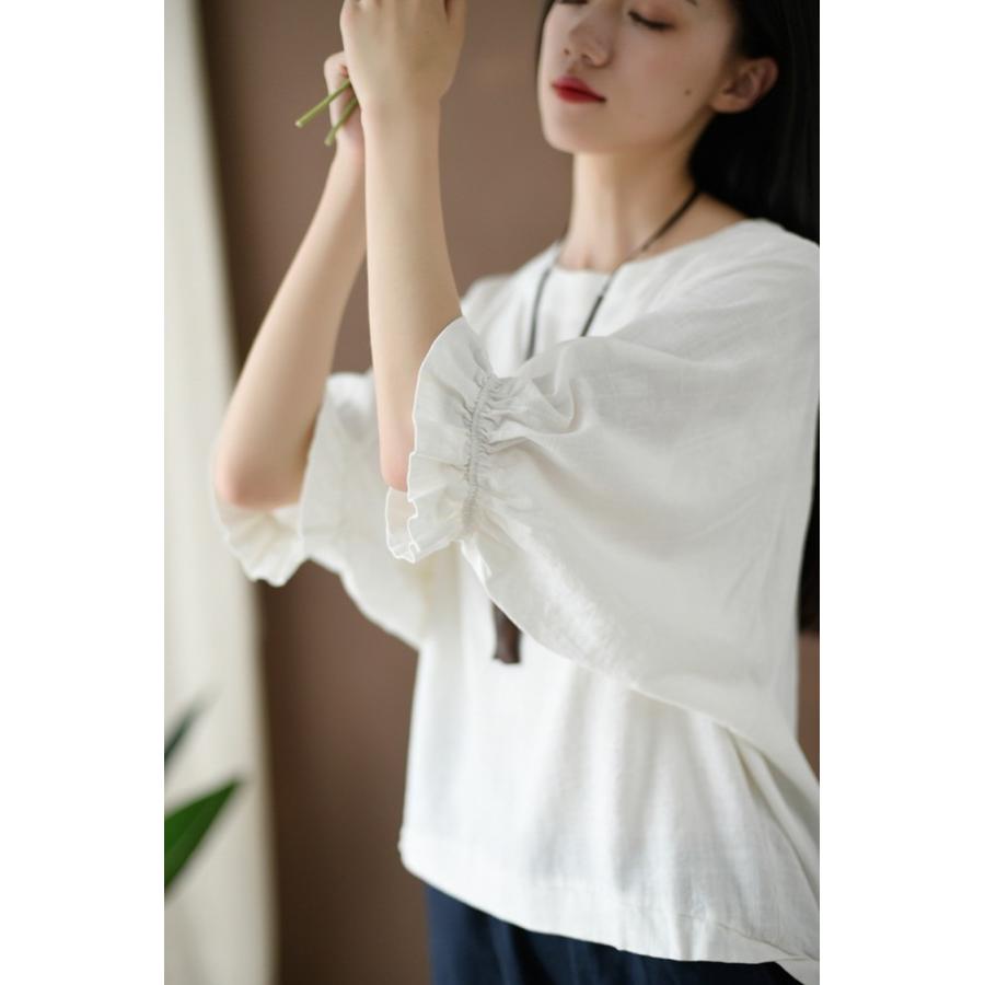 Tシャツ レディース リネン調 トップス 半袖 無地 シャツ フリル袖 クルーネック カットソー オーバーサイズ |  | 07