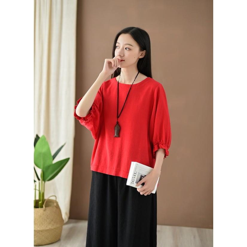 Tシャツ レディース リネン調 トップス 半袖 無地 シャツ フリル袖 クルーネック カットソー オーバーサイズ |  | 08