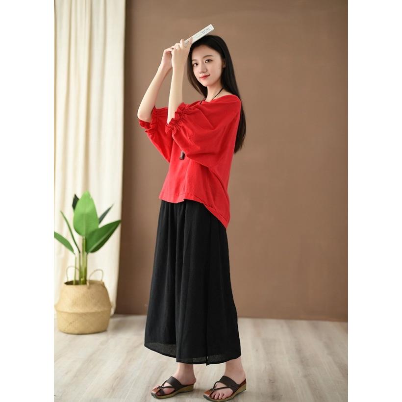 Tシャツ レディース リネン調 トップス 半袖 無地 シャツ フリル袖 クルーネック カットソー オーバーサイズ |  | 09