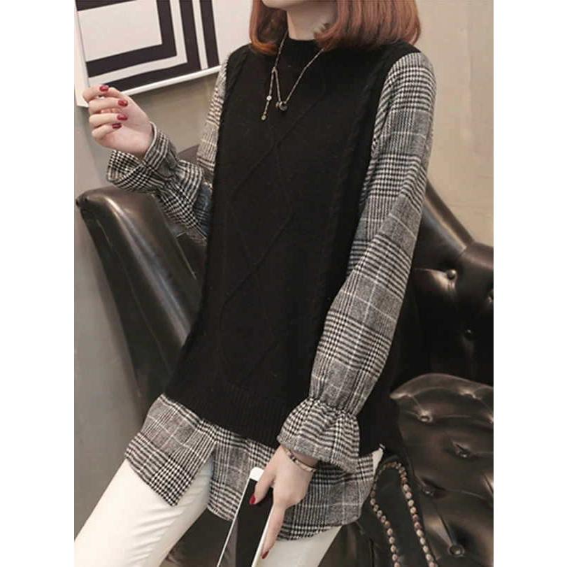 シャツドッキングニット シャツ ブラウス レイヤード ボートネック 長袖 キャンディ バイカラー チュニック |  | 04