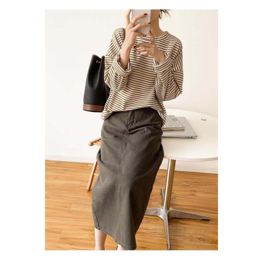 ボーダーロングTシャツ レディース カットソー プルオーバー トップス 長袖 半袖 クルーネック シンプル カジュアル |  | 07