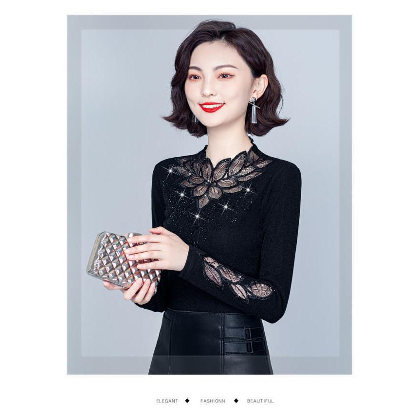 カットソー シャツ 裏起毛 厚手 シースルー 長袖 レース あったか インナー  セクシー ハーフネック レディース シアー |  | 10