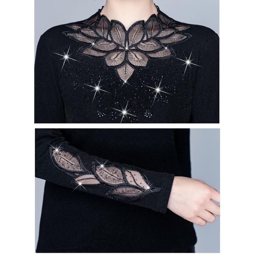 カットソー シャツ 裏起毛 厚手 シースルー 長袖 レース あったか インナー  セクシー ハーフネック レディース シアー |  | 12