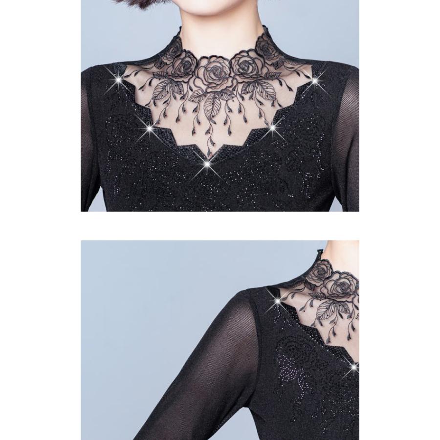 カットソー シャツ 裏起毛 厚手 シースルー 長袖 レース あったか インナー  セクシー ハーフネック レディース シアー |  | 07