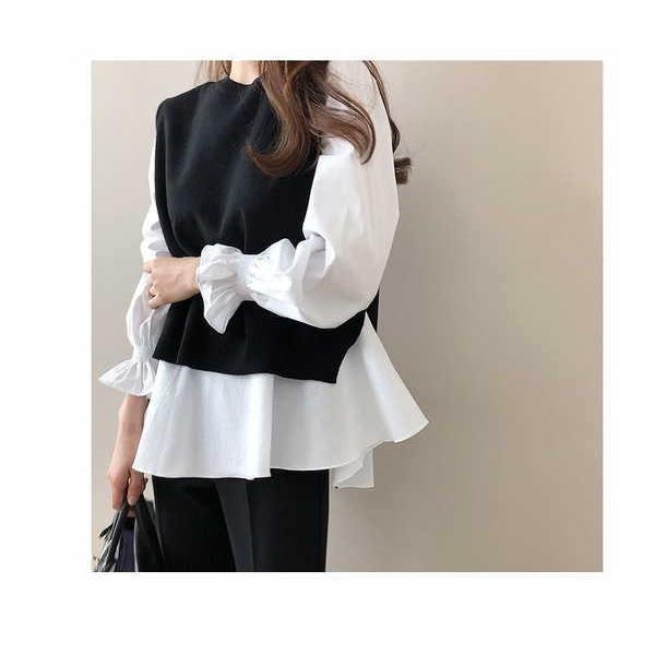 tシャツ Tシャツ アンサンブル レディース ニットベスト 長袖シャツセット 大きいサイズ ナチュラル シャツ ベルスリーブ |  | 02