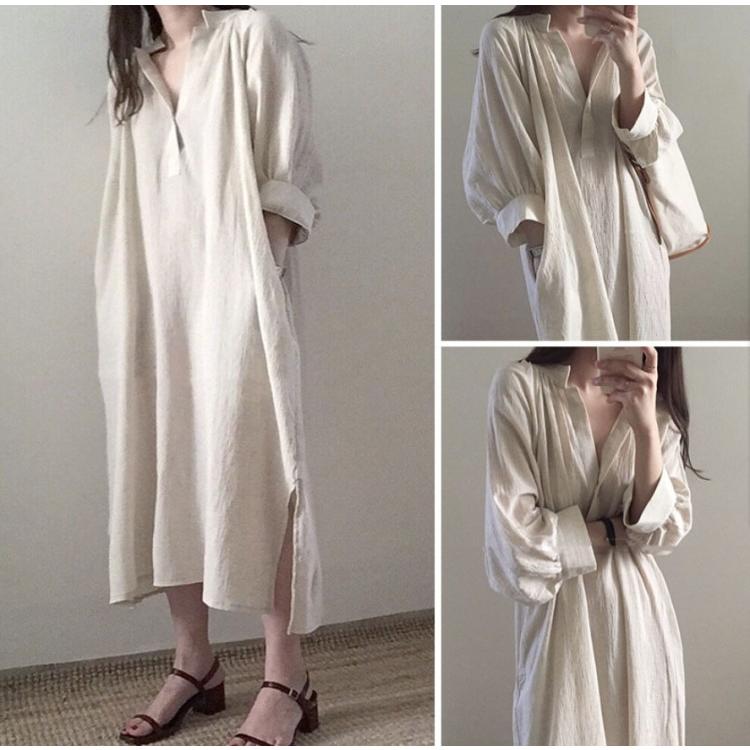 シャツワンピ ロング丈 ワンピ ワンピース 七分袖 ロングワンピース スキッパーシャツ 無地 マキシワンピ  レディース |  | 02