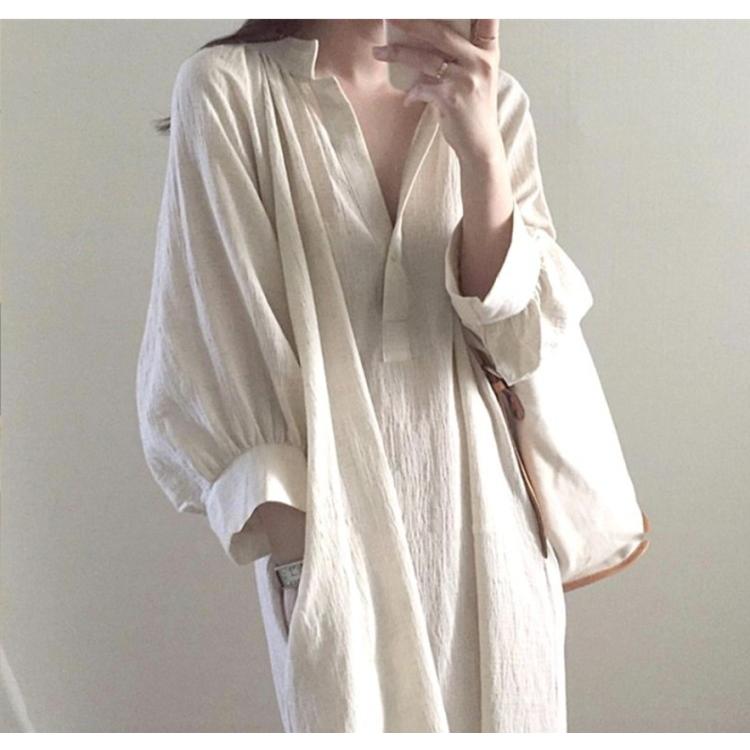 シャツワンピ ロング丈 ワンピ ワンピース 七分袖 ロングワンピース スキッパーシャツ 無地 マキシワンピ  レディース |  | 03