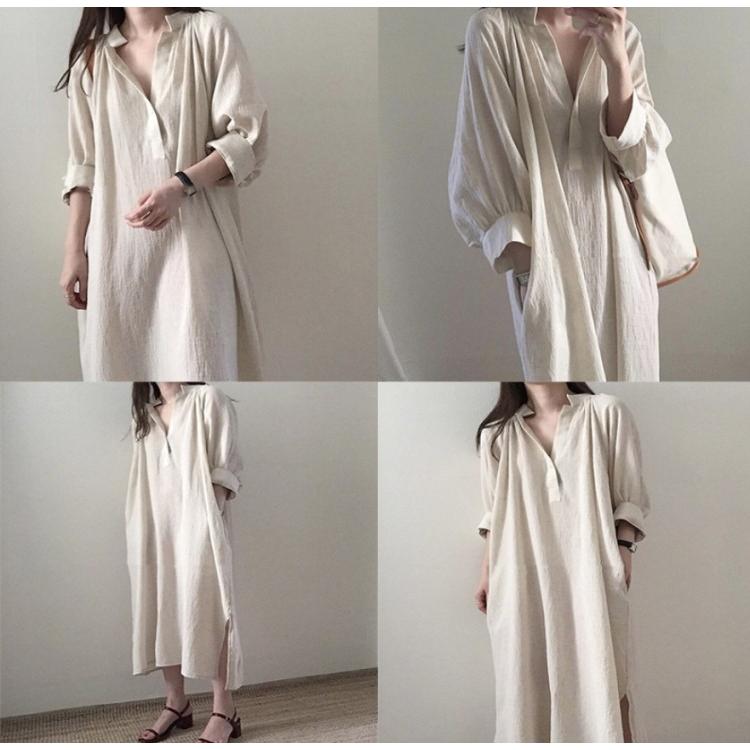 シャツワンピ ロング丈 ワンピ ワンピース 七分袖 ロングワンピース スキッパーシャツ 無地 マキシワンピ  レディース |  | 04