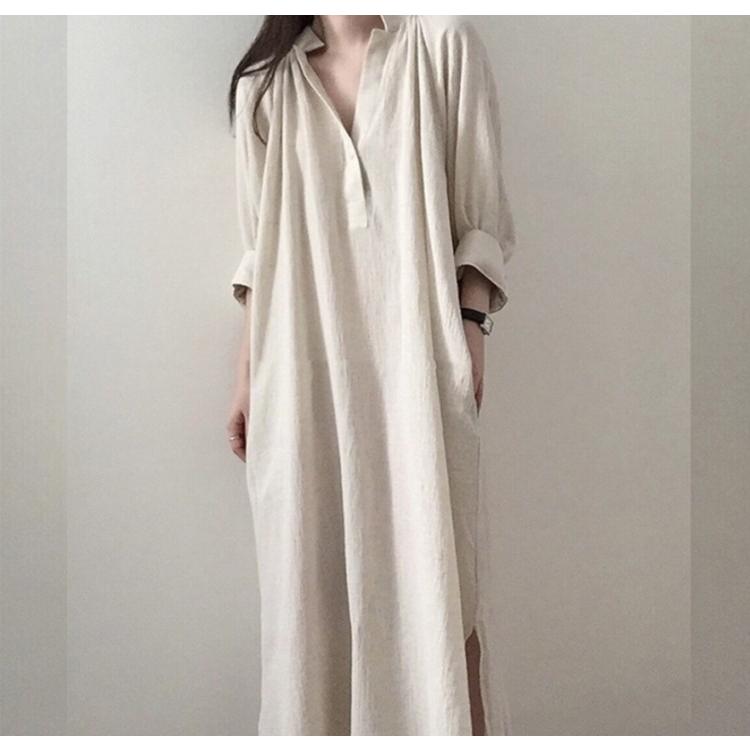 シャツワンピ ロング丈 ワンピ ワンピース 七分袖 ロングワンピース スキッパーシャツ 無地 マキシワンピ  レディース |  | 05