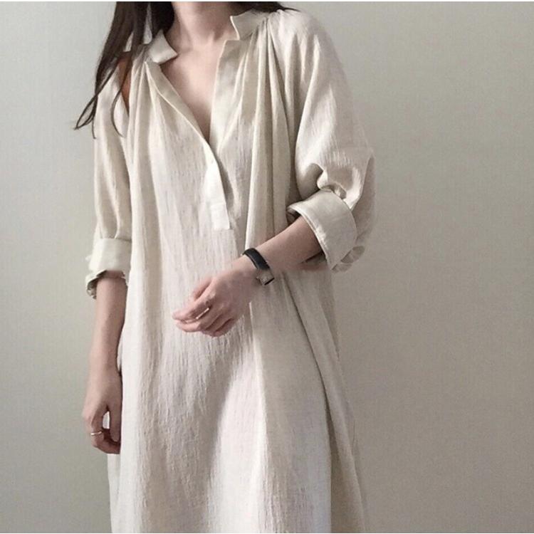 シャツワンピ ロング丈 ワンピ ワンピース 七分袖 ロングワンピース スキッパーシャツ 無地 マキシワンピ  レディース |  | 06