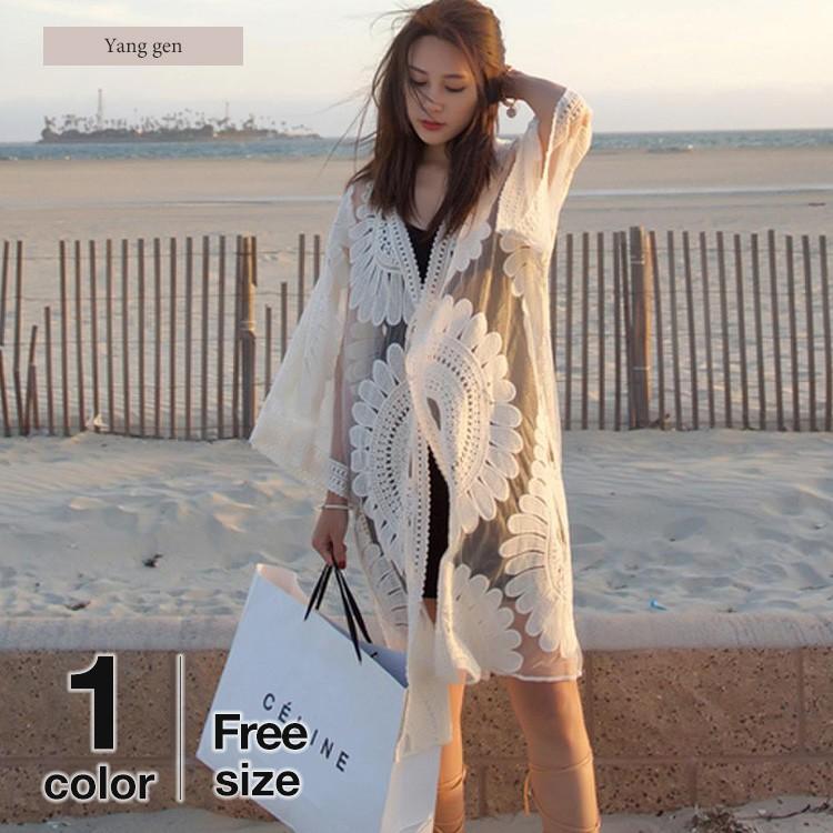 カーディガン ロングカーディガン 花柄 レース ひまわりモチーフ 透け感 日焼け防止 アウター ガウン レディース | 