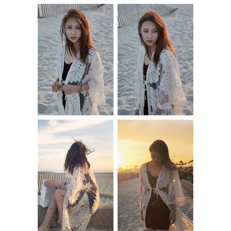 カーディガン ロングカーディガン 花柄 レース ひまわりモチーフ 透け感 日焼け防止 アウター ガウン レディース |  | 03