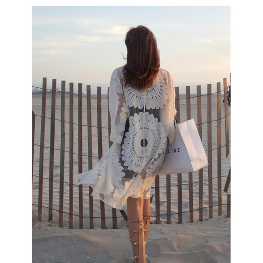 カーディガン ロングカーディガン 花柄 レース ひまわりモチーフ 透け感 日焼け防止 アウター ガウン レディース |  | 05