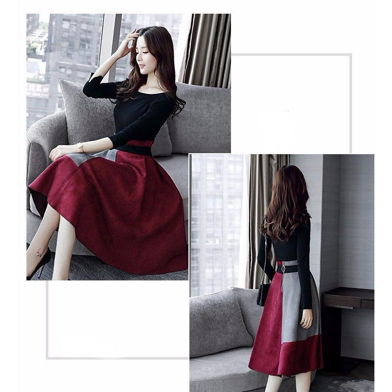 セットアップ 上下セット スカート ミモレ丈 カットソー バイカラー Aライン 長袖 ロングスカート レディース |  | 14